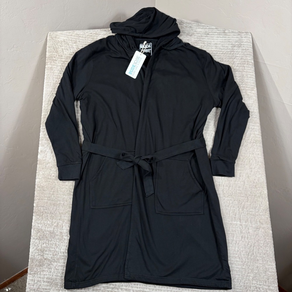 DudeRobe Mens Hooded Bathrobe Black L/XL Shark Tank Luxury Loungewear ROBE1